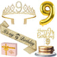 9th Birthday Decorations for Girl Gold, Including 9th Birthday Girl Sash and Tiara for Girls, 9 Birthday Candles and Cake Topper