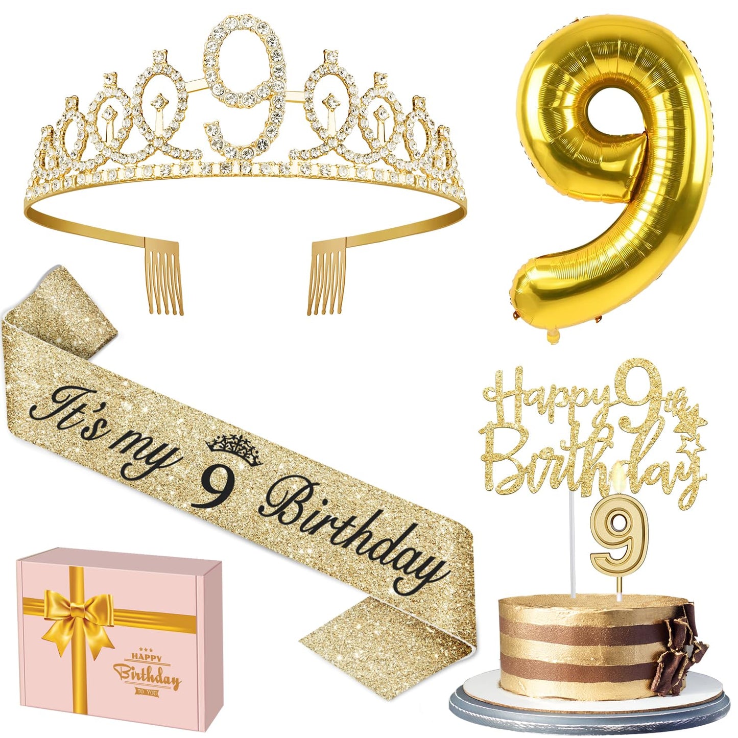 9th Birthday Decorations for Girl Gold, Including 9th Birthday Girl Sash and Tiara for Girls, 9 Birthday Candles and Cake Topper