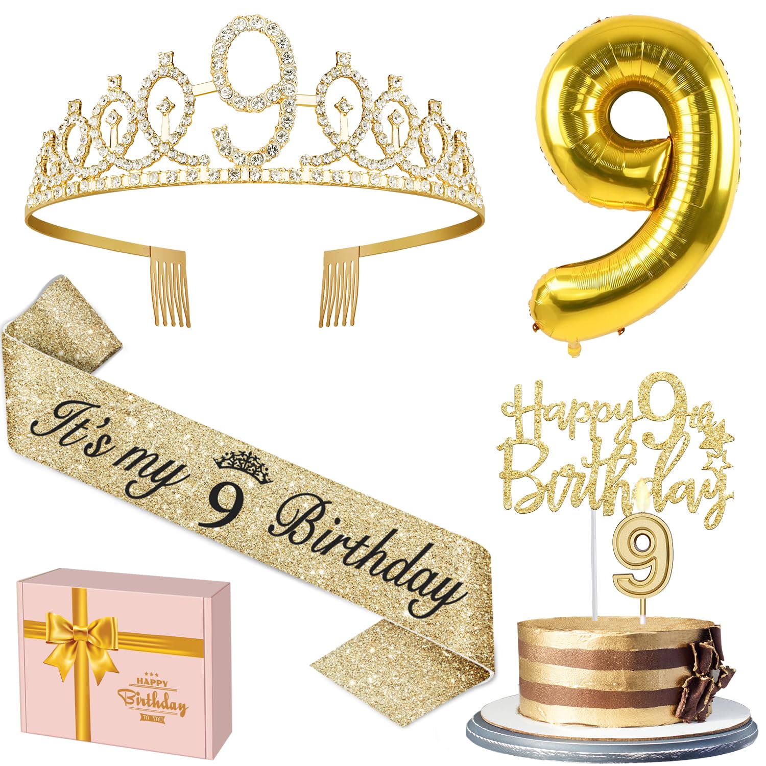 9th Birthday Decorations for Girl Gold, Including 9th Birthday Girl Sash and Tiara for Girls, 9 Birthday Candles and Cake Topper