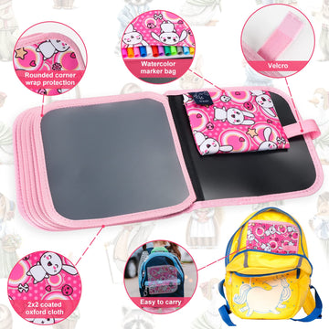 Erasable Doodle Set for Kids - Magic Drawing Book with 12 Watercolor Pens, 14 Pages - Road Trip Car Game Writing Painting Set fo