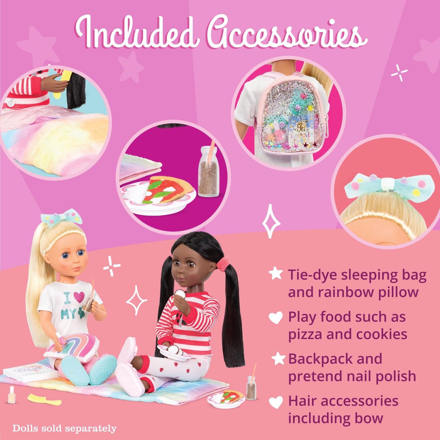 Glitter Girls Sleepover Party Set – Tie-Dye Sleeping Bag, Rainbow Pillow & Pizza Play Food – Doll Accessories for Kids 3+ Years