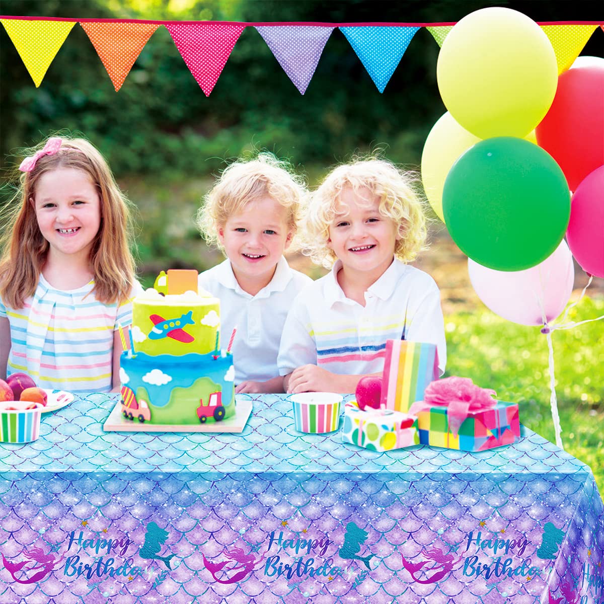 Daiuni 1Pcs Mermaid Birthday Tablecloth For Birthday Party Decoration, Plastic Disposable Rectangle Table Cover For Kids Girls P