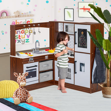 BRINJOY Corner Play Kitchen for Kids, Wooden Toddler Kitchen Playset w/Faucet, Sink, Microwave, Oven, Apron, Blackboard, Storage