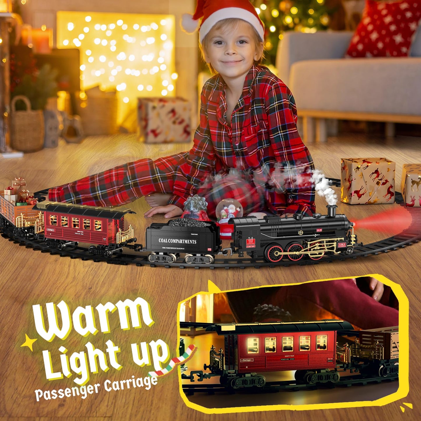 Hot Bee Train Set - Alloy Train Toys for Boys w/Glowing Carriage & Silent  Toy Train w/Smokes  Lights & Sound  Christmas Tree Train w/Steam Locomotive  Model Trains for 3 4 5 6 7 8+ Years Old Kids