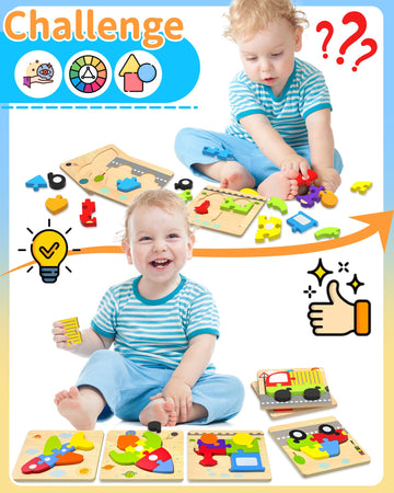 Wooden Puzzles Toddler Toys For 1 2 3 Years Old Boys Girls, 6 Vehicle Shape Learning Educational Blocks Birthday Gifts Sensory T