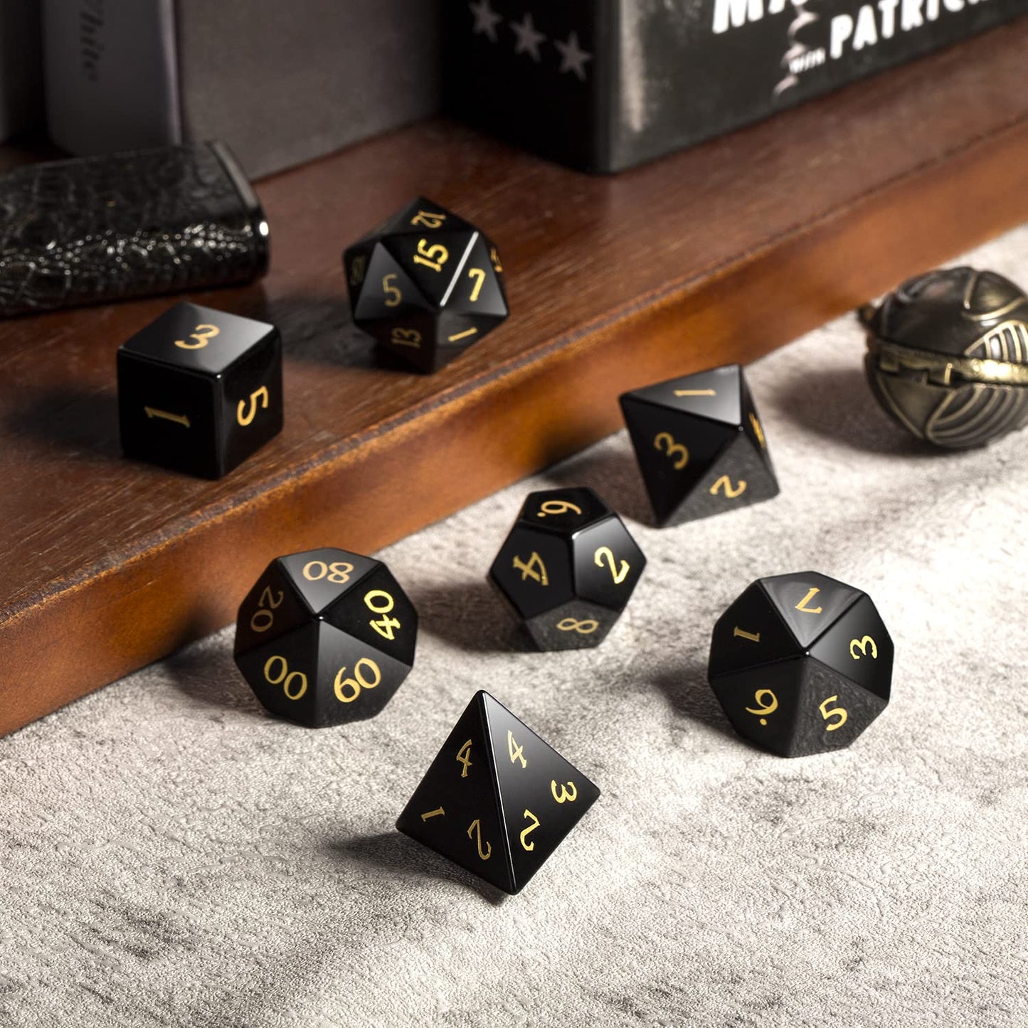 Obsidian Dice D&D,Dndnd Full Set Gemstone Dice Set With Grogeous Gift Case For Dungeons And Dragon And Tabletop Game (Obsidian)