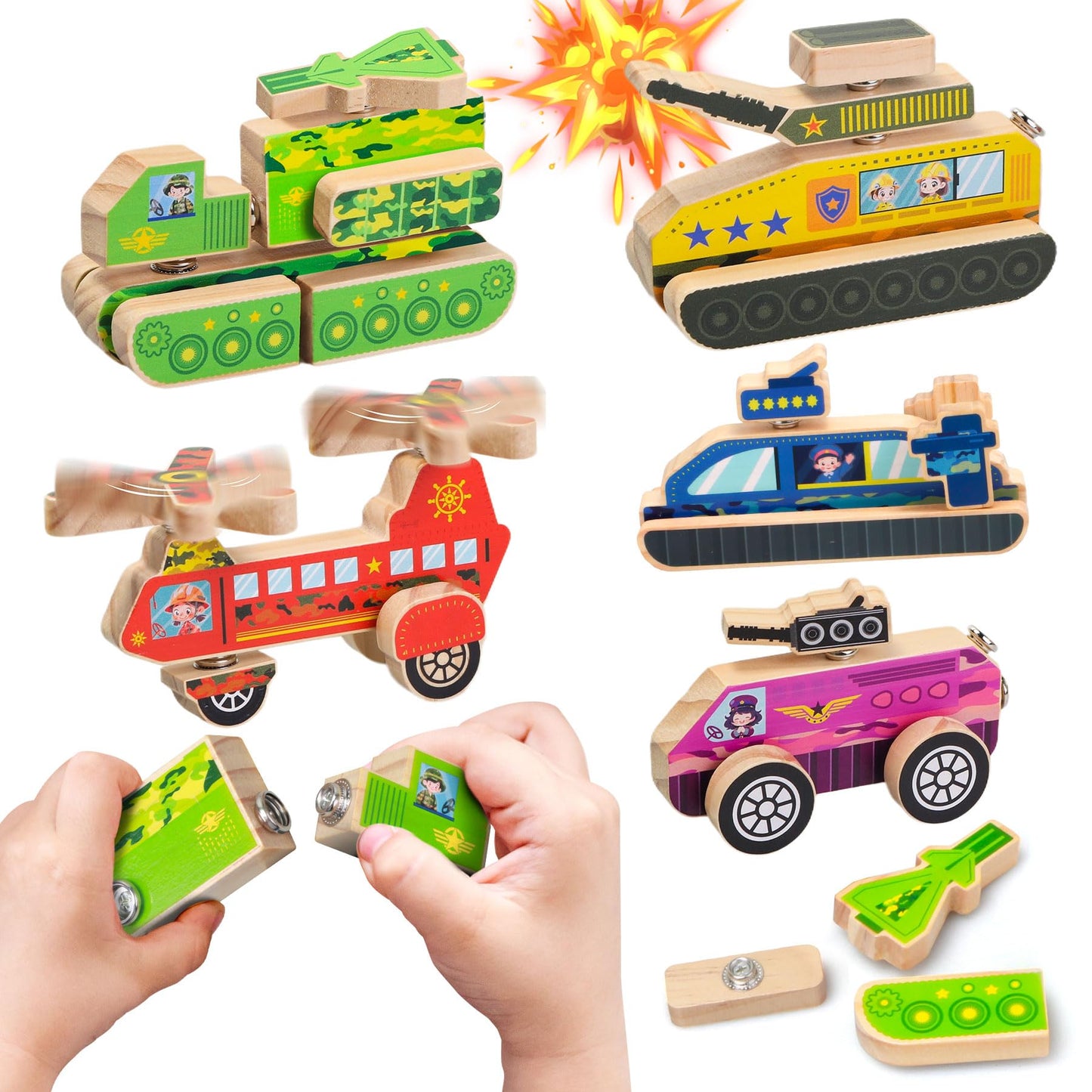 Teekdeer Wooden Military Building Blocks,33 Pcs Snap-Together Toy for 3-6 Year Olds,Montessori-Inspired Fine Motor Skill Educati