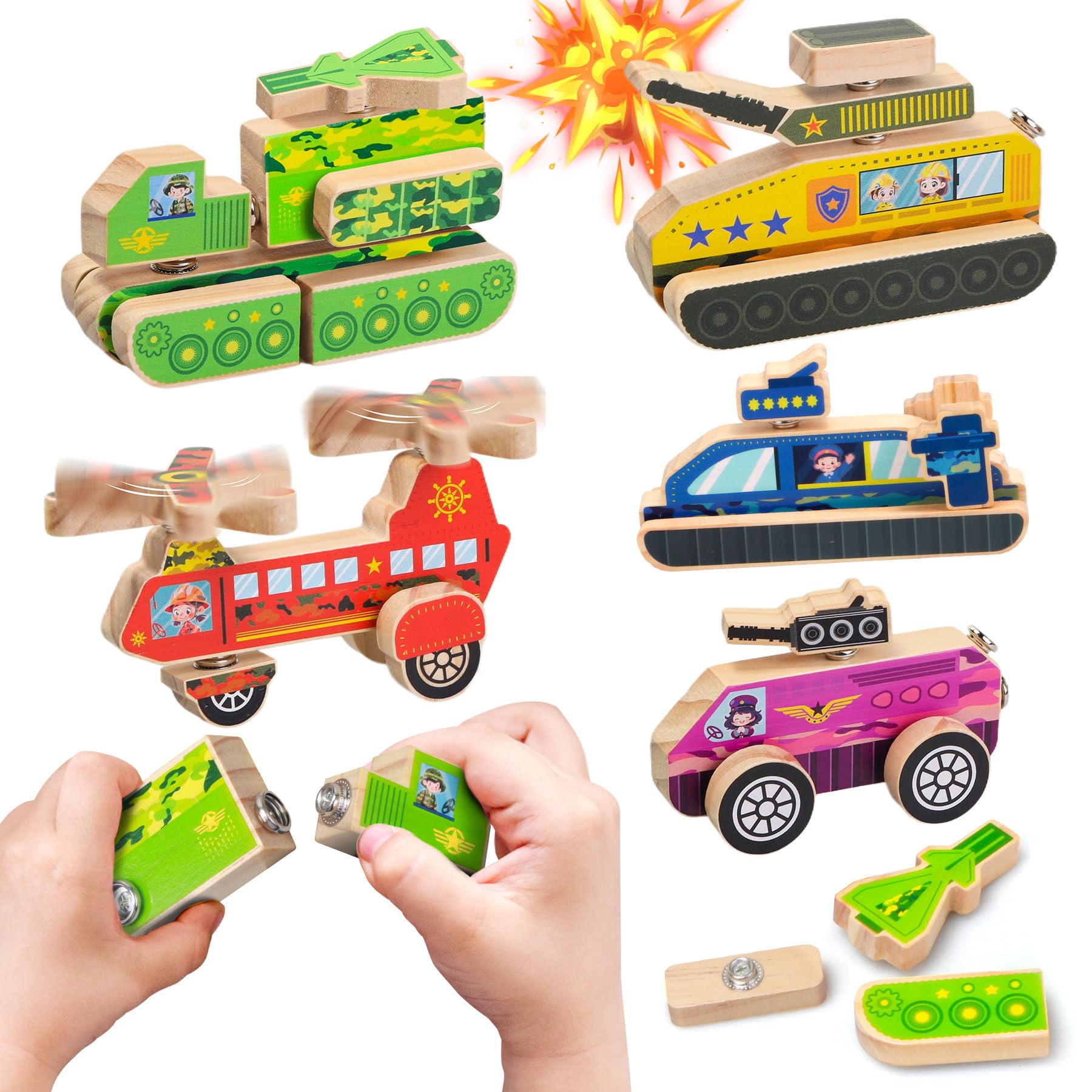 Teekdeer Wooden Military Building Blocks,33 Pcs Snap-Together Toy for 3-6 Year Olds,Montessori-Inspired Fine Motor Skill Educati