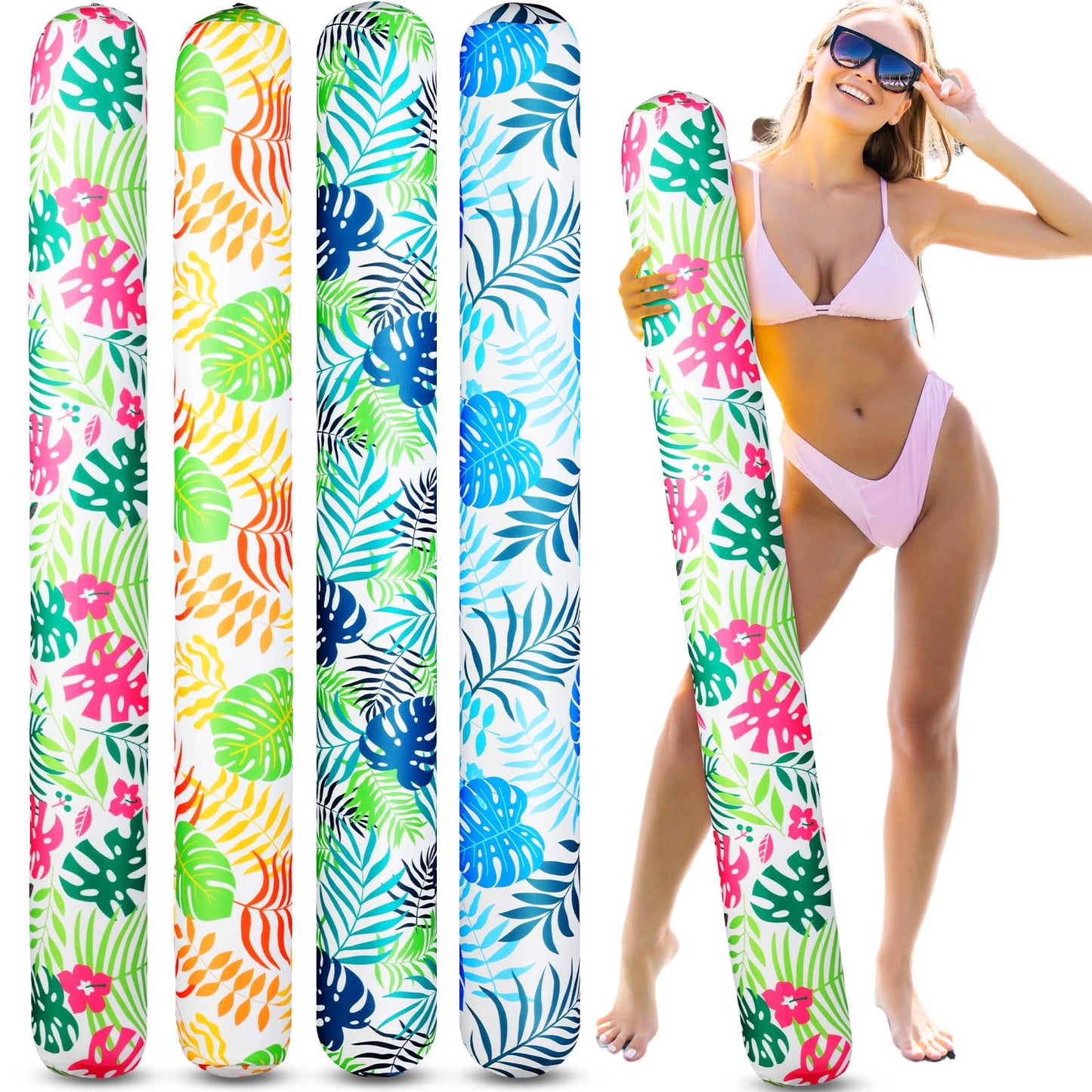 Soulchen 4 Pack Inflatable Pool Noodles Soft Fabric Covered 54'' Large Swim Noodles for mature-themeds Hawaii Tropical Palm Leaves enhanced Buoyancy for Pool Swimming Floating Beach Party Decor (Mixed)