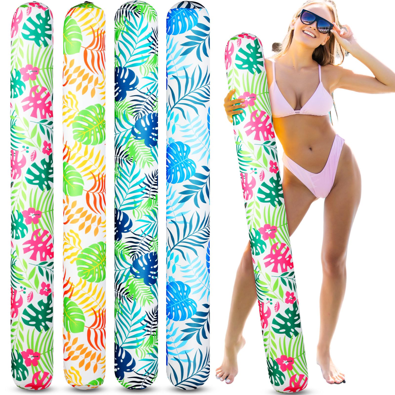 Soulchen 4 Pack Inflatable Pool Noodles Soft Fabric Covered 54'' Large Swim Noodles for mature-themeds Hawaii Tropical Palm Leaves enhanced Buoyancy for Pool Swimming Floating Beach Party Decor (Mixed)