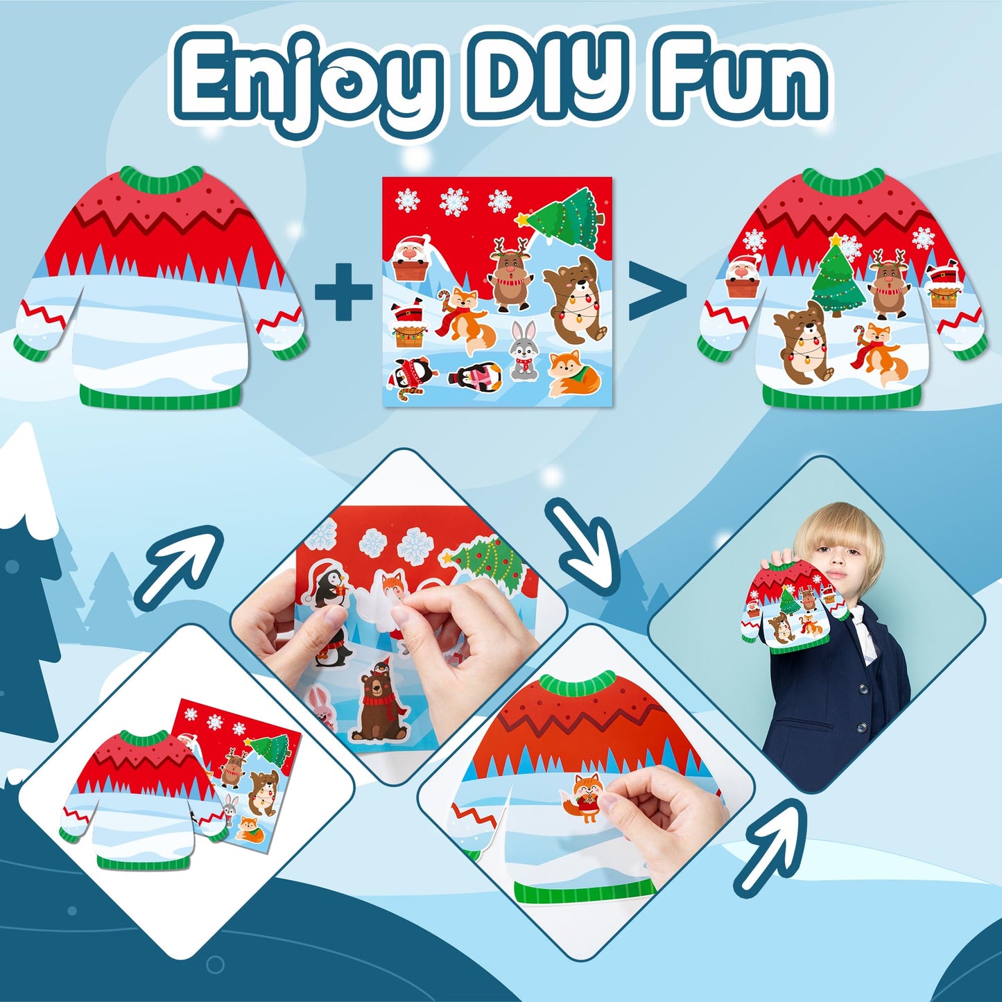 CY2SIDE 24 Set Christmas Ugly Sweater Scene Sticker for Kids Make a Winter Sweater Scene with Penguin Sticker Make Your Own Chri