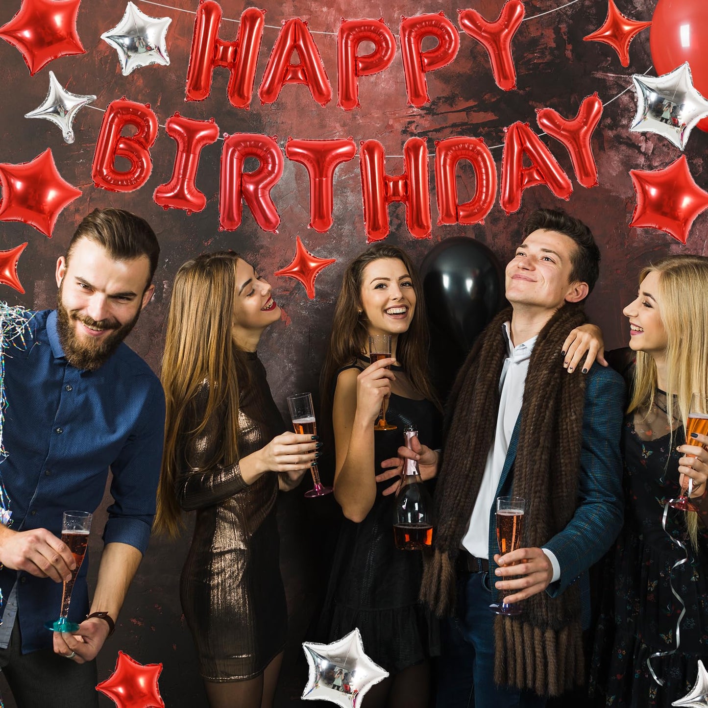 TONIFUL 35PCS Red Happy Birthday Decorations Kit, 16 Inch Aluminum Balloons, Foil Banner for Men, Women, Kids, Party Supplies