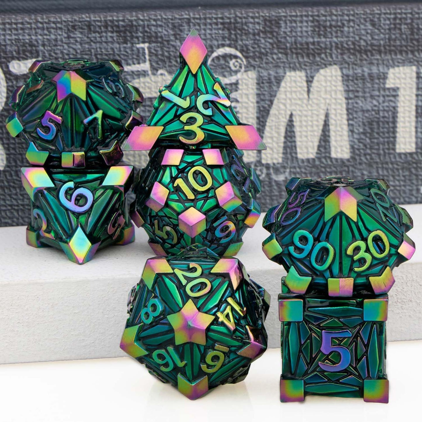 ORIFANTOU Metal DND Dice Set Dungeons and Dragons Dice with Box, Rainbow Green Debris D&D Dice RPG D and D Dice Role Playing Gam