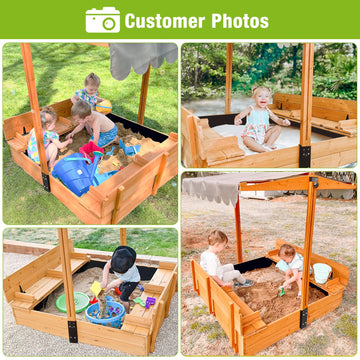 Kids Wooden Outdoor Sandbox W/Canopy, 2 Foldable Bench Seats, Retractable Roof Sand Protection Liner 47X47-Inch