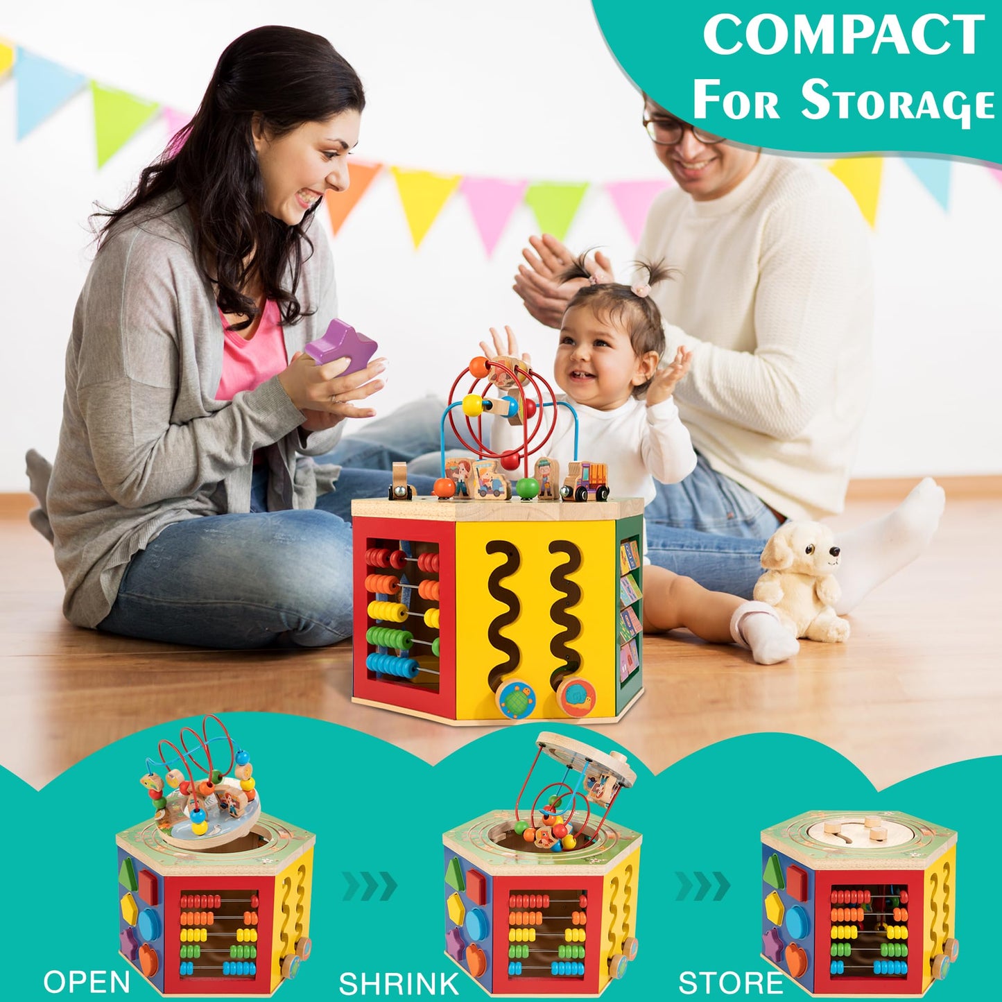 Woodmam Large Activity Cube, 9-In-1 Farm-Themed Wooden Play Center, Multipurpose Montessori Toy For 1-2 Year Old Baby Toddler Kid, First Birthday Gift | Bonus Magnetic Train Cars