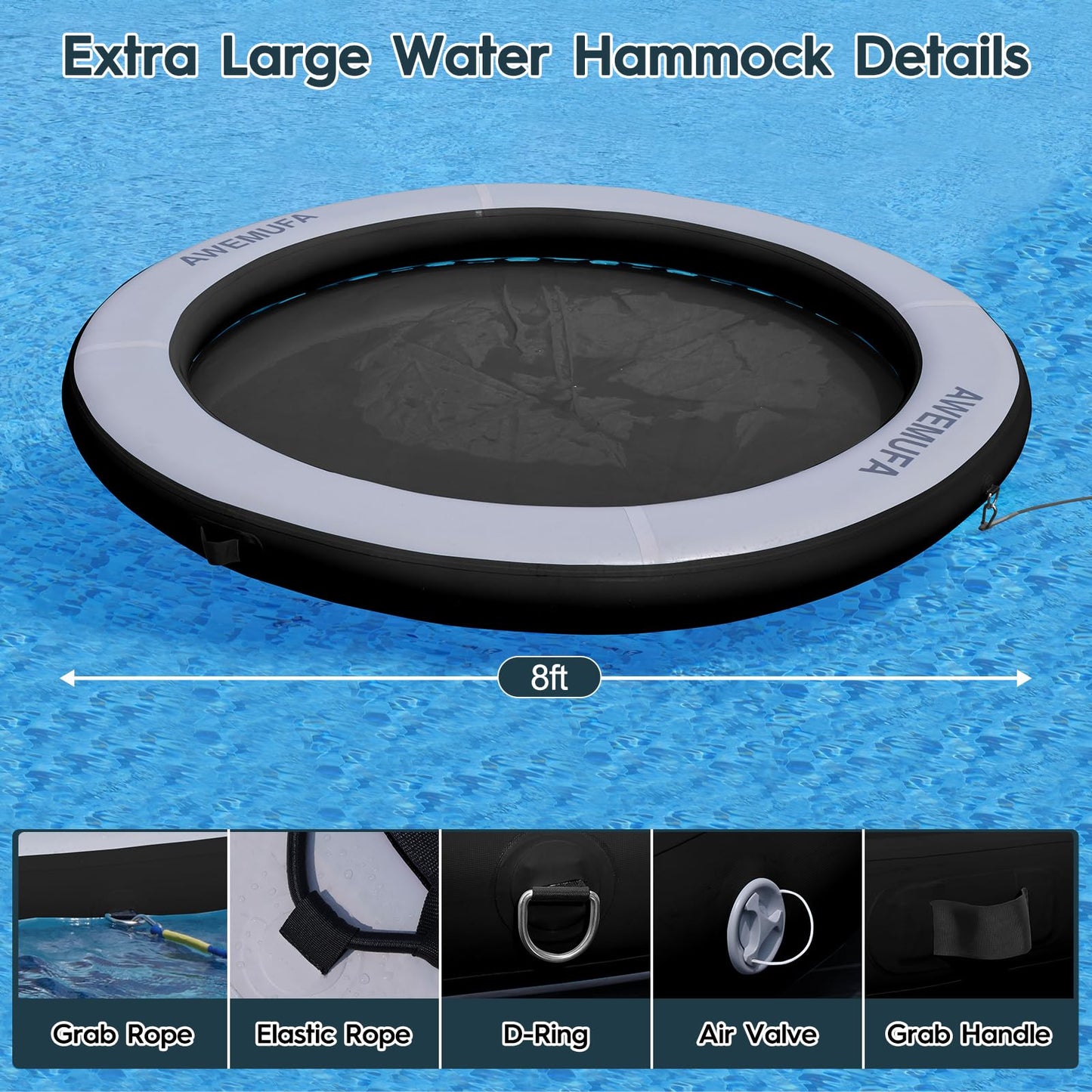 AWEMUFA 8ft Water Hammock - Black PVC Inflatable Float Ring for Pool & Lake, Heavy Duty Mesh Circle Mat for Summer Parties