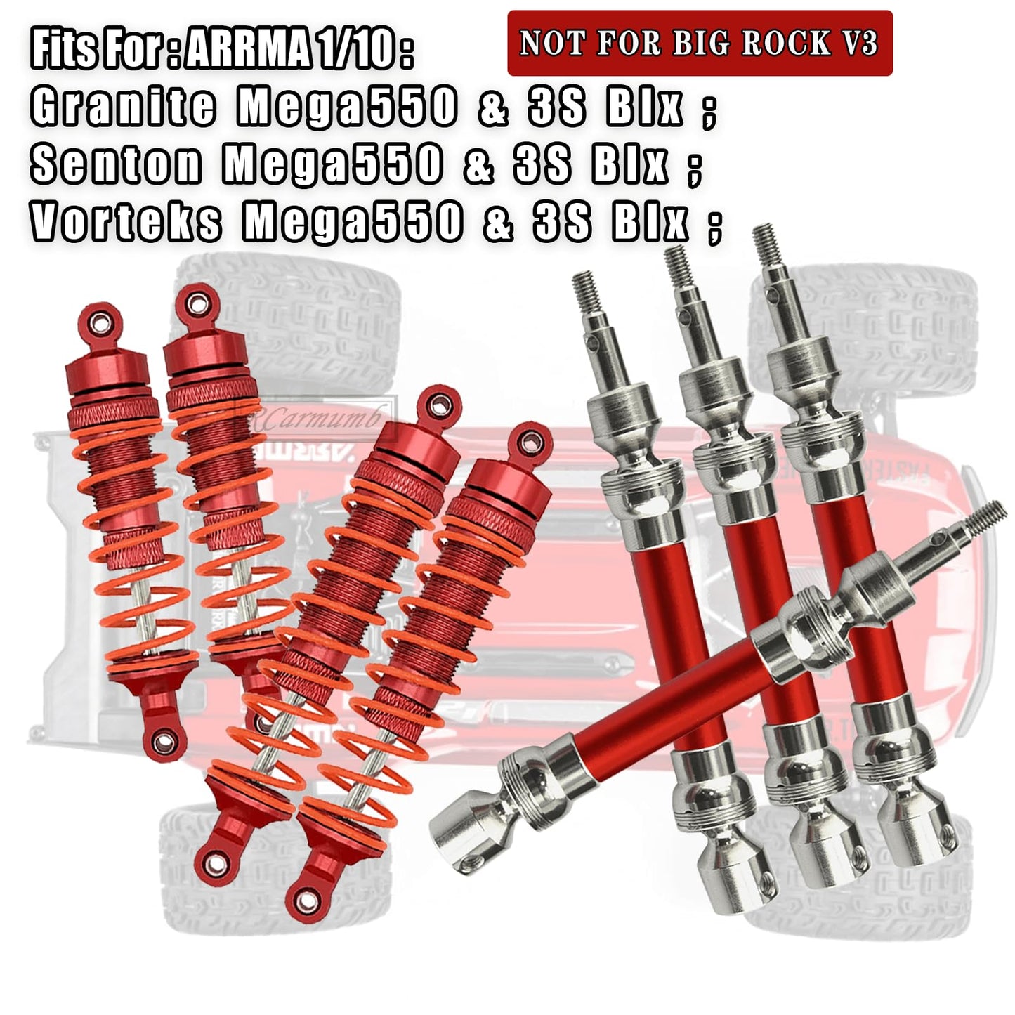Rcarmumb CVD Drive Shaft & Shocks Upgrades Part for 1/10 Arrma Senton Granite 3s Blx&Mega550,Vortek 3s Blx,4pcs Front Rear Steel