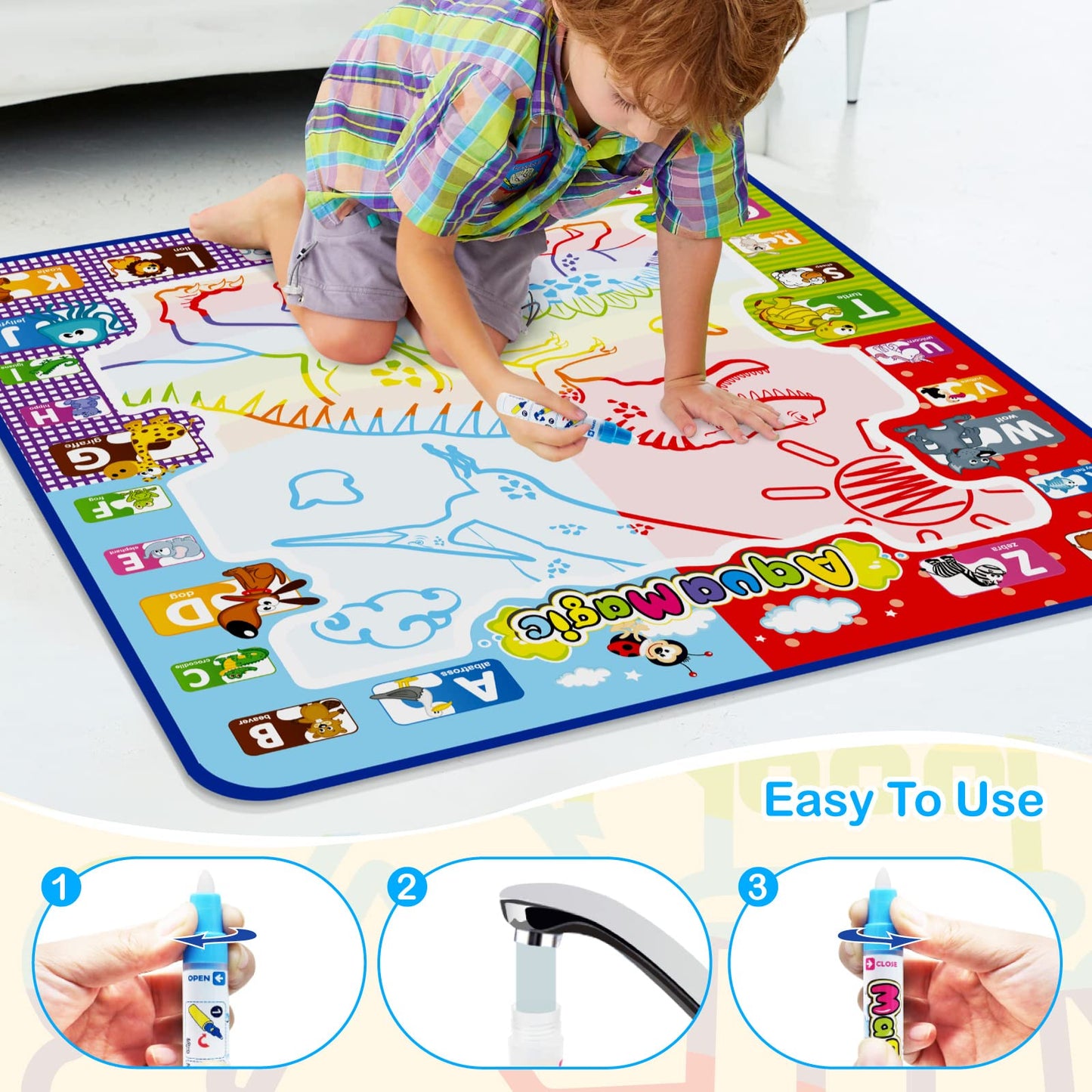 Jasonwell Aqua Water Doodle Mat 31 X 31 Inches Extra Large Magic Drawing Doodling Mat Coloring Mat Educational Toys Gifts For Kids Toddlers Boys Girls Age 2 3 4 5 6 7 8 Year Old (Alphabet)
