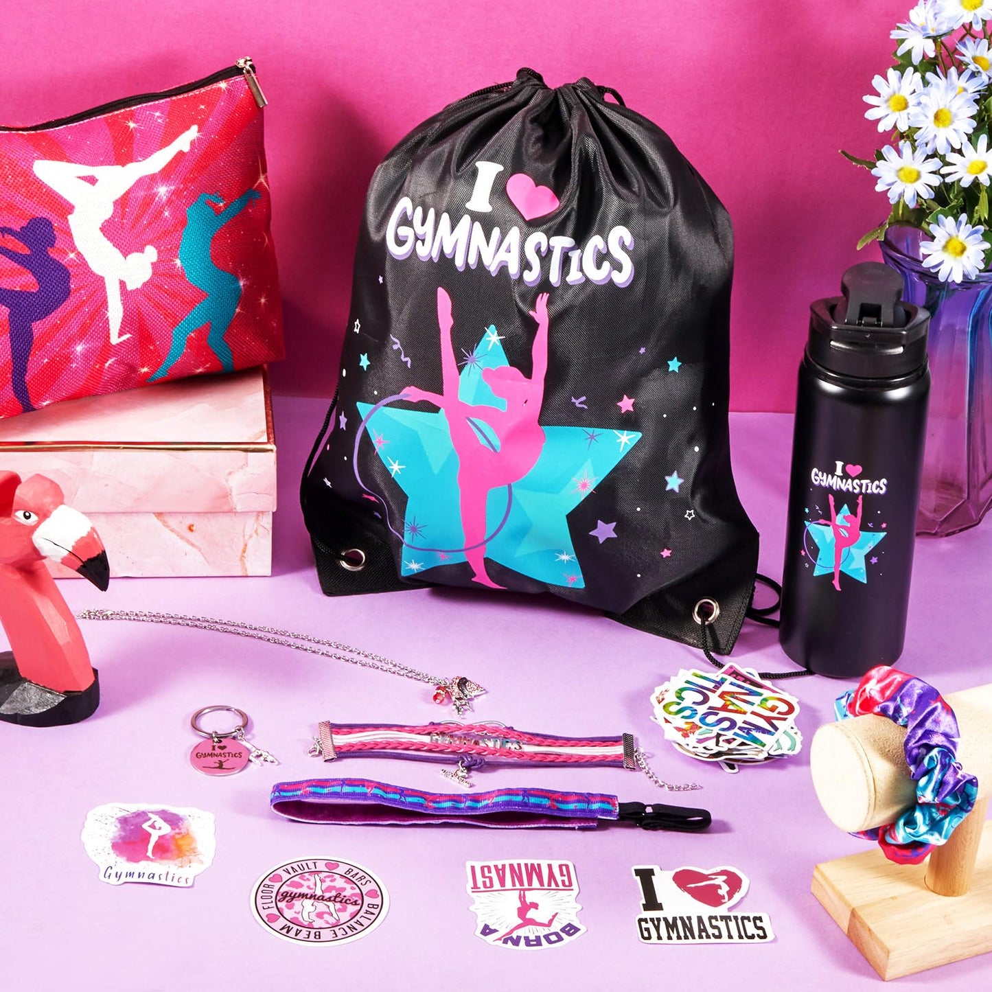 Kigeli Gymnastics Gifts Gymnastics Drawstring Bag Headband Bracelet Necklace Scrunchies Makeup Bag Vacuum Bottle Keychain 50 Pcs