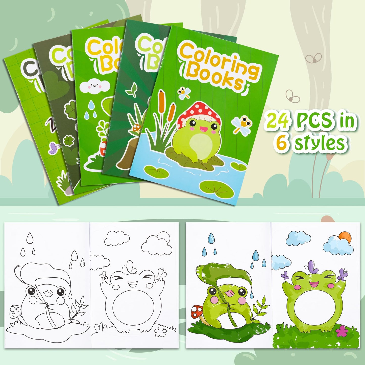 ANGOLIO 24Pcs Frog Mushroom Coloring Book Bulk for Kids Kawaii Frog Activity Book Cartoon Animals DIY Art Booklet for Kid Birthd