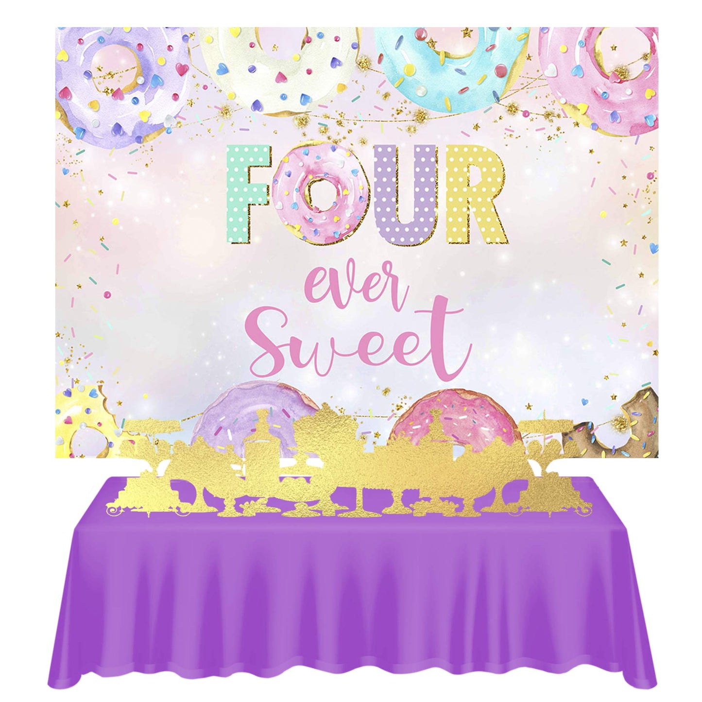 Mocsicka 4th Donut Birthday Backdrop Four Ever Sweet Donut Birthday Party Decoration Background Toddler Girl 4th Birthday Party