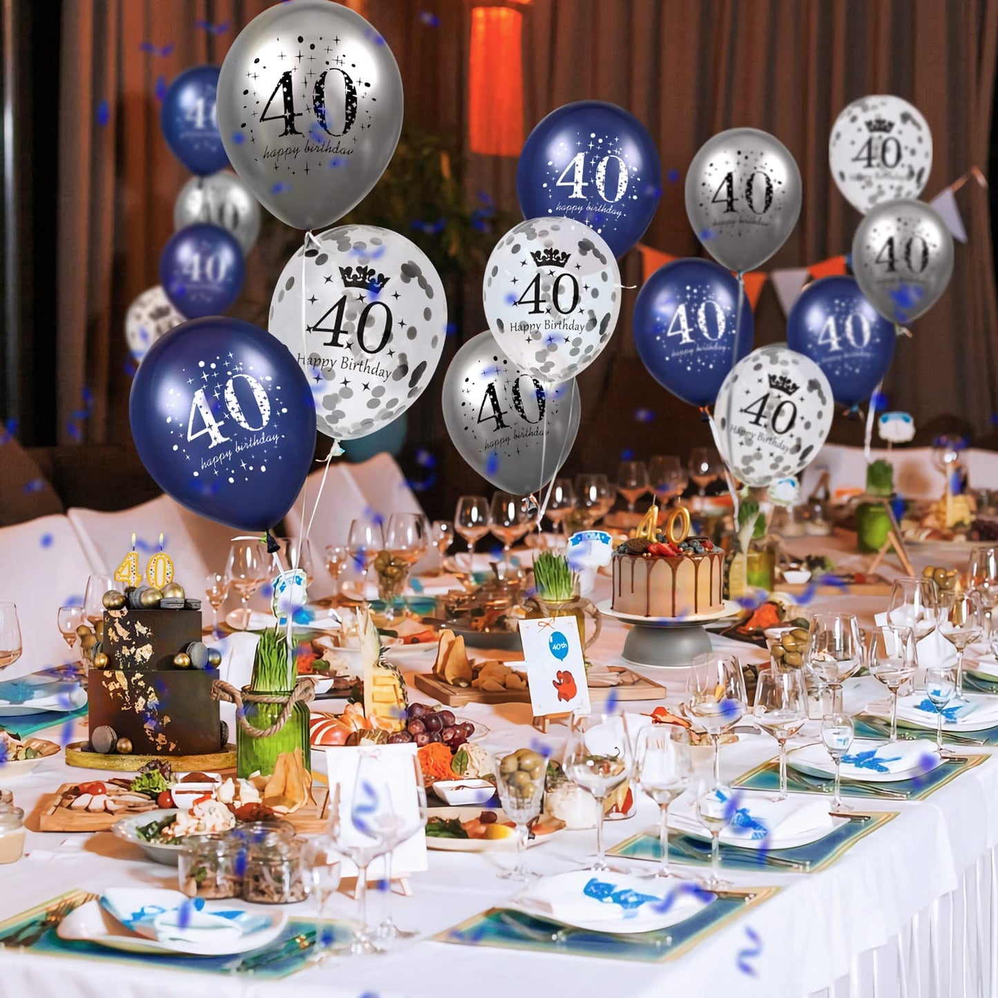 40Th Birthday Balloons Decorations, 15 Pcs Navy Blue Silver 40Th Happy Birthday Latex Inflatable Clear Confetti Balloon For Men Women 40 Anniversary Birthday Party Decor Indoor Outdoor Supplies12Inch