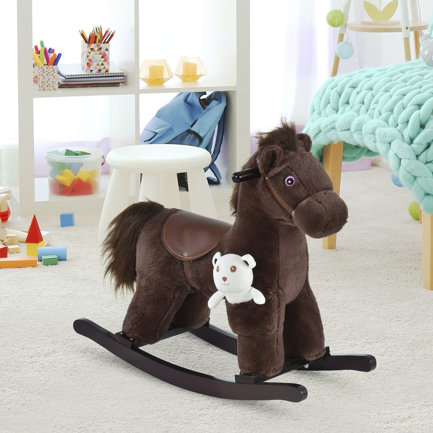 Qaba Kids Plush Ride-On Rocking Horse With Bear Toy, Children Chair With Soft Plush Toy & Fun Realistic Sounds, Brown