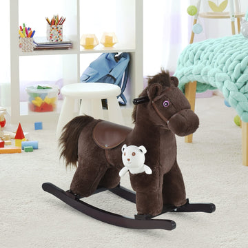 Qaba Kids Plush Ride-On Rocking Horse With Bear Toy, Children Chair With Soft Plush Toy & Fun Realistic Sounds, Brown