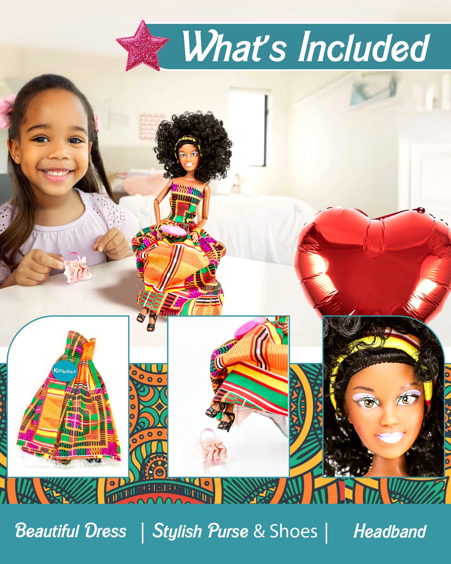 Koolorez: Edith - Our Queens Black Doll Set - Brown/Black Afro Doll W/Movable Joints - Lovely 12.5'' Dark Skin & Diversity Dolls