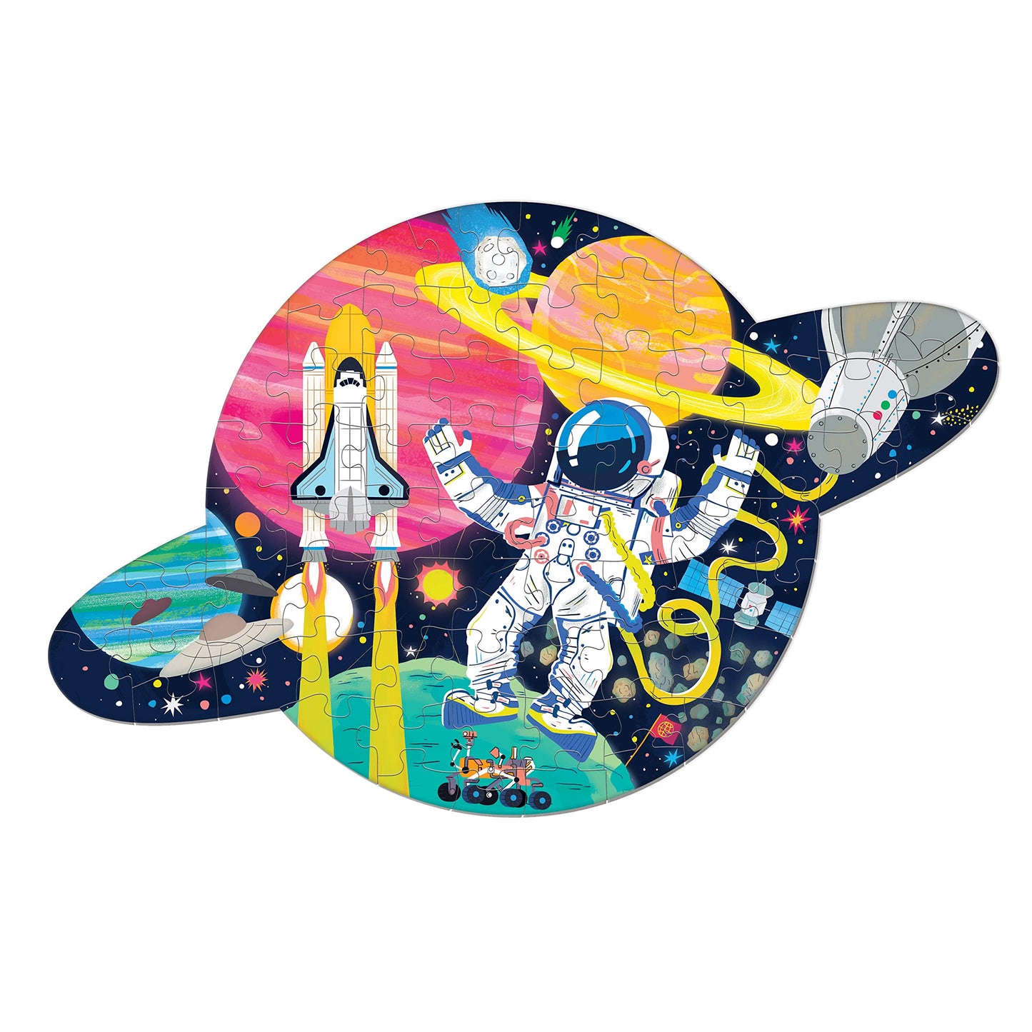 Mudpuppy Space Mission - 75 Piece Unique Saturn Shaped Scene Puzzle With Colorful And Fun Illustrations Of Space Life For Childr