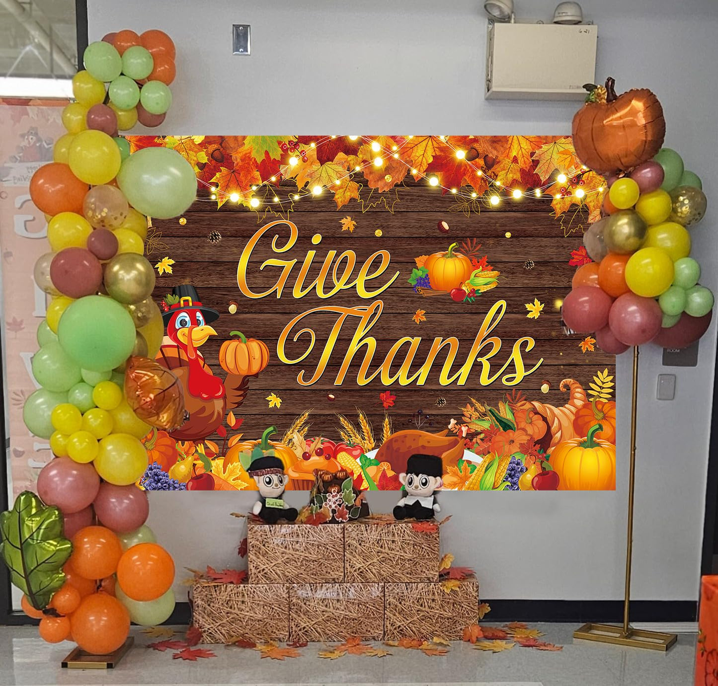 Happy Thanksgiving Backdrop 10x8FT Give Thanks Fall Harvest Photography Background Maple Leaves Turkey Pumpkin Themed Banner for