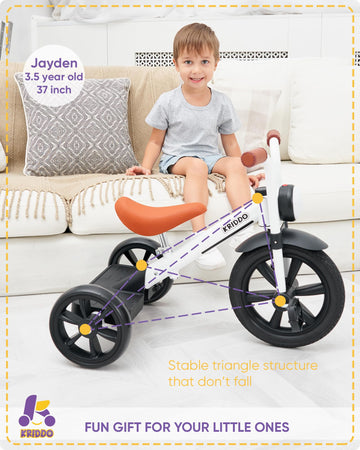 KRIDDO Kids Tricycle, 12 Inch Puncture Free Wheel w Front Light, Adjustable Seat Height, Gift for 2-5 Year Olds, White