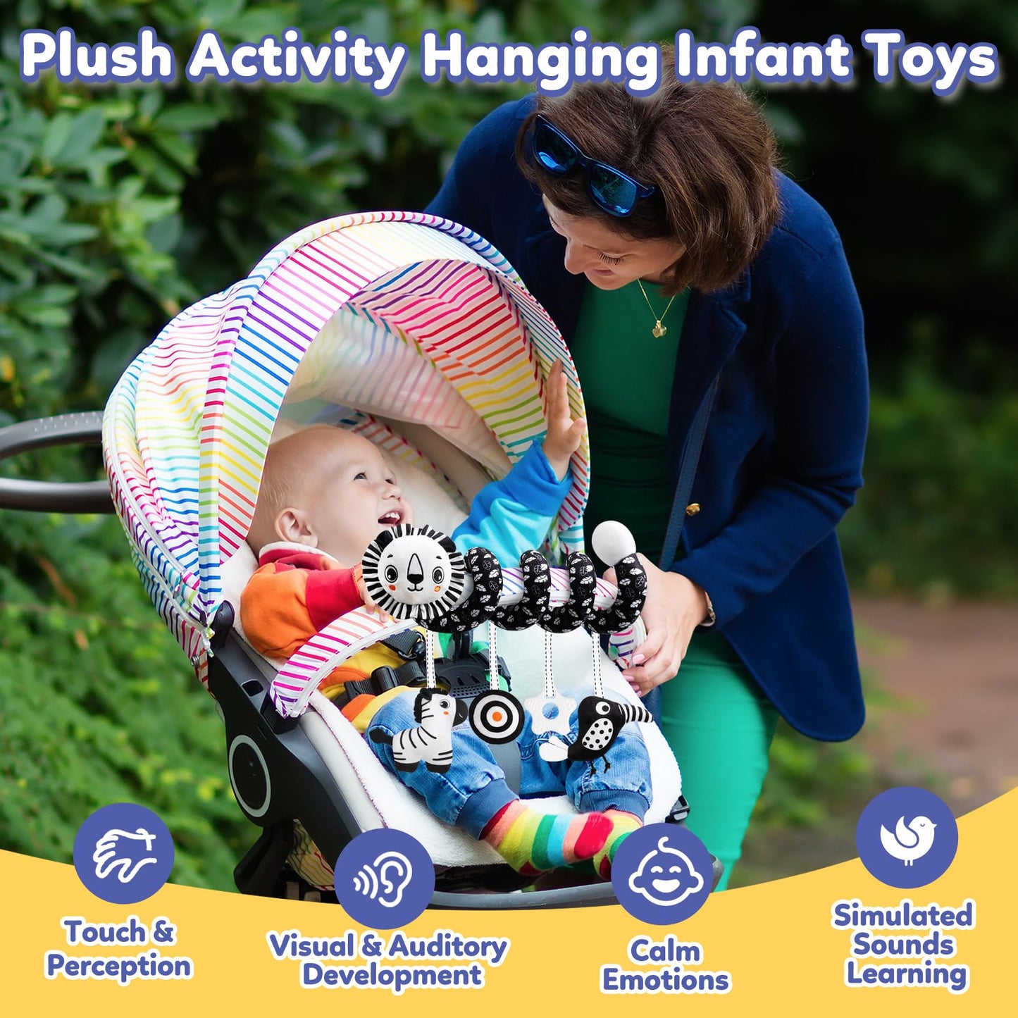 Baby Carseat Toy Black & White Rattle Spiral Hanging Activity Stroller Toy For Newborns Boys And Girls - Lion