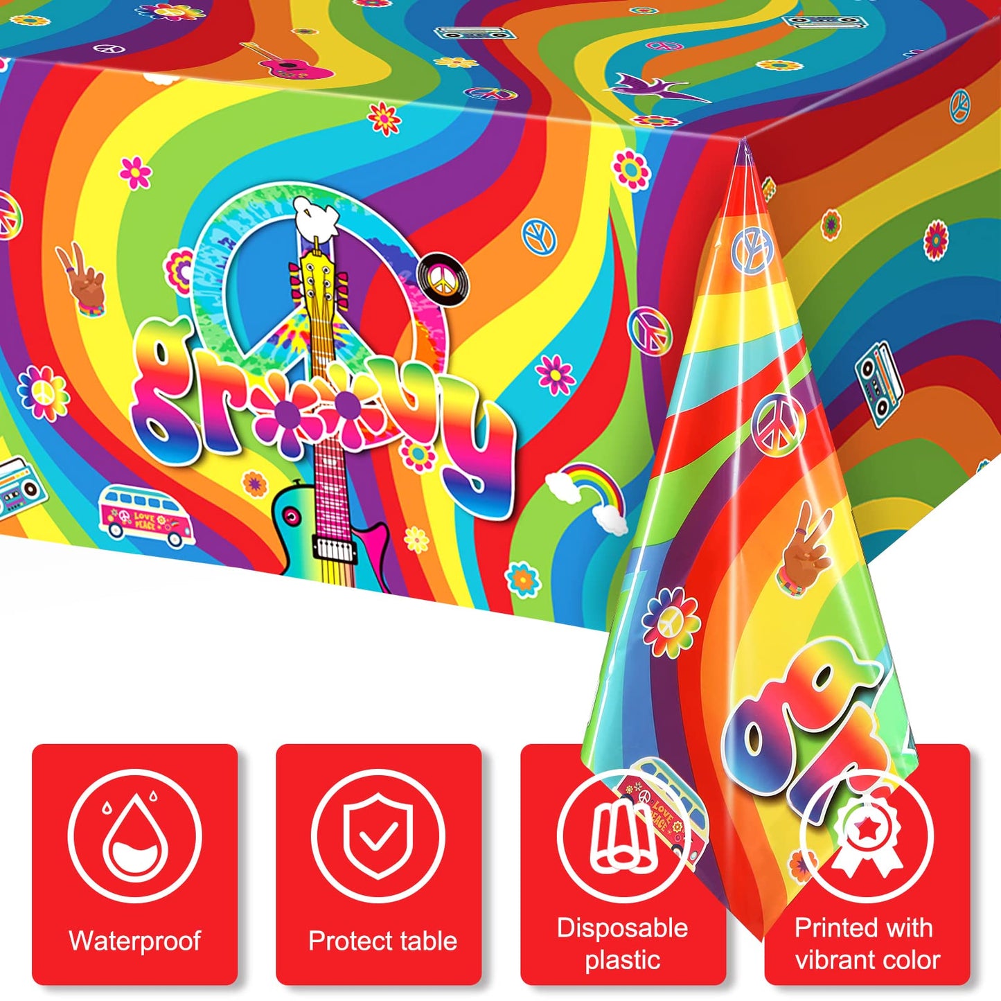 3 Pieces Plastic Groovy Tablecloths Retro Hippie Table Covers for Rectangle Table, Disposable Rainbow Party Decorations for 60s