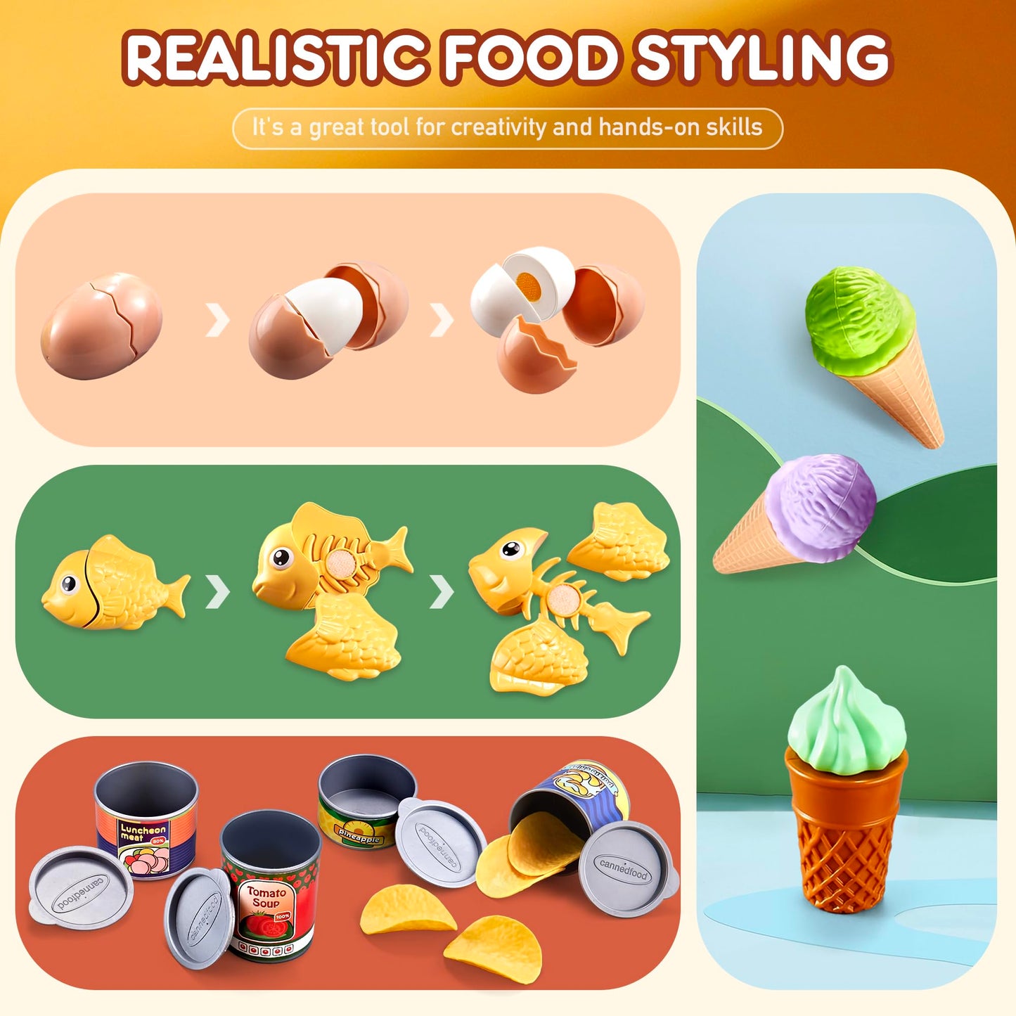 DawnReach Play Food Sets for Kids Kitchen,66PCS Play Kitchen Accessories,Cutting Toy Food Kids Kitchen Accessories with Pizza,Fr