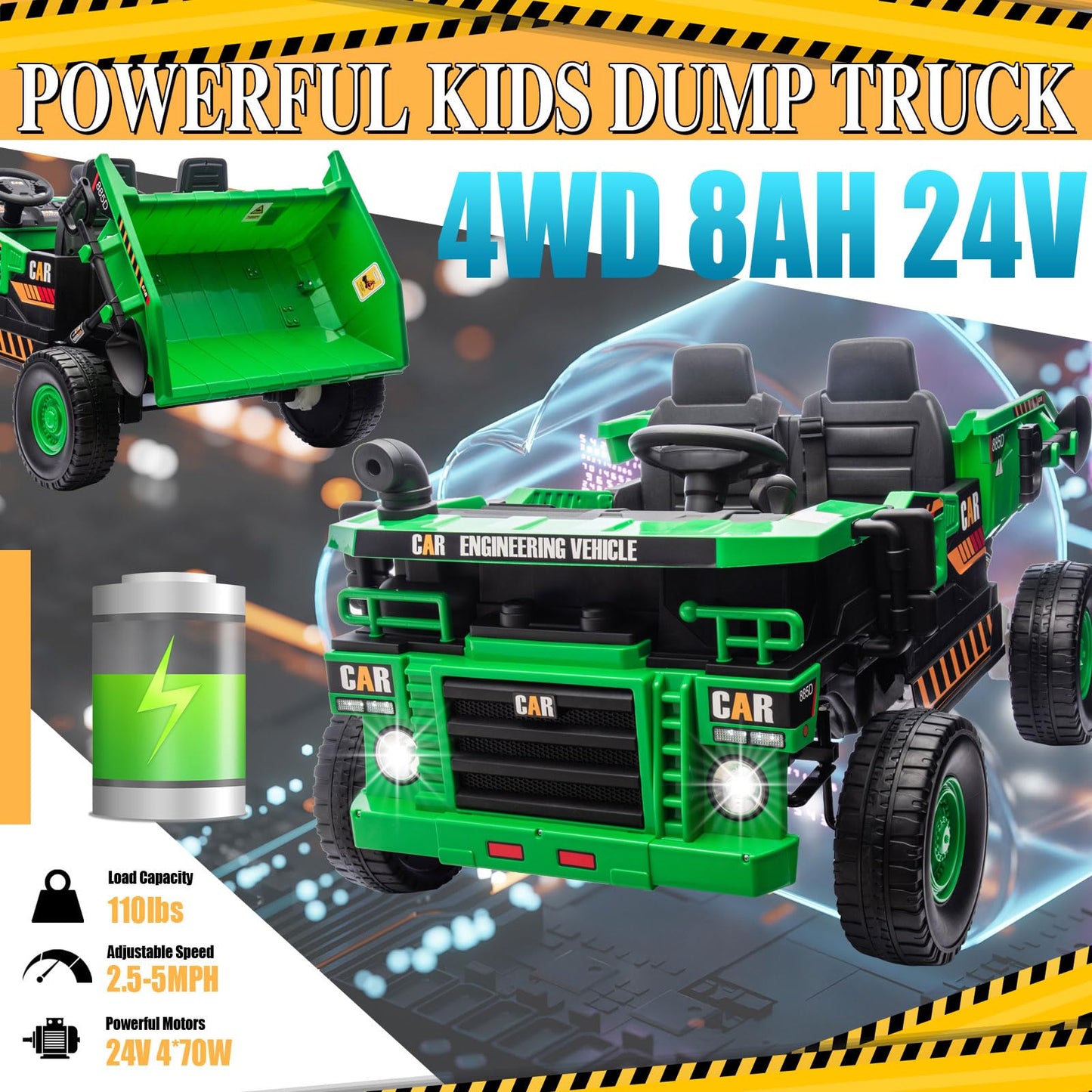 Nitoess 24V Ride On Dump Truck, 4Wd Kids Car With Remote Control, Electric Dump Bed And Shovel, Ride On Construction Vehicles 4X