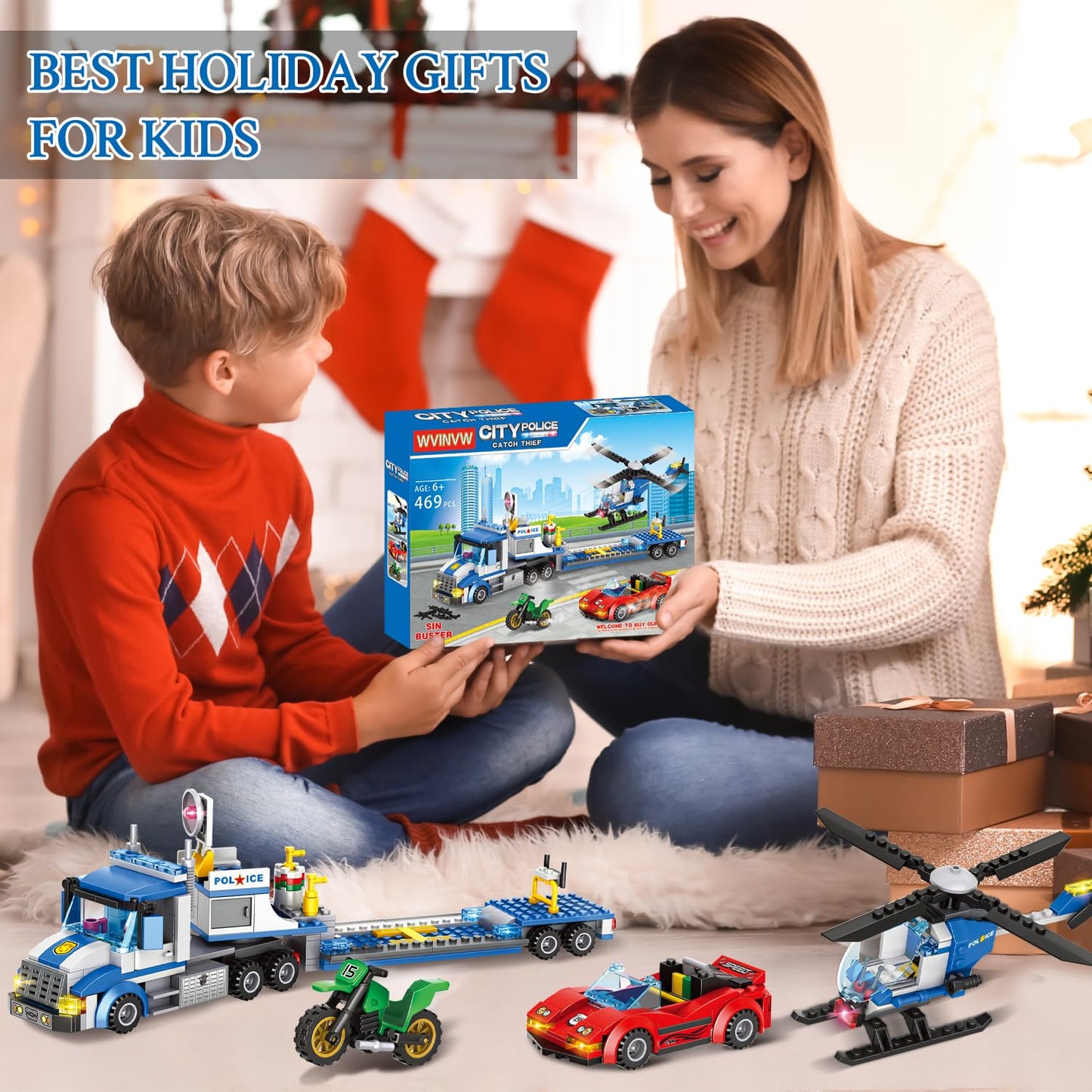 City Police Truck And Trailer Building Sets, Compatible With Lego Police Car With Tow Truck, Helicopter, Car, Motorcycle, Police