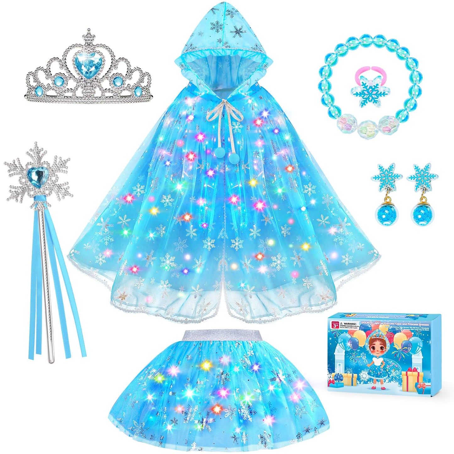 Dolnow Princess Dress Up for Girls, Light Up Princess Cape Princess Dress Costume Crown Wand Gifts for Toddler Girls 3 4 5 6