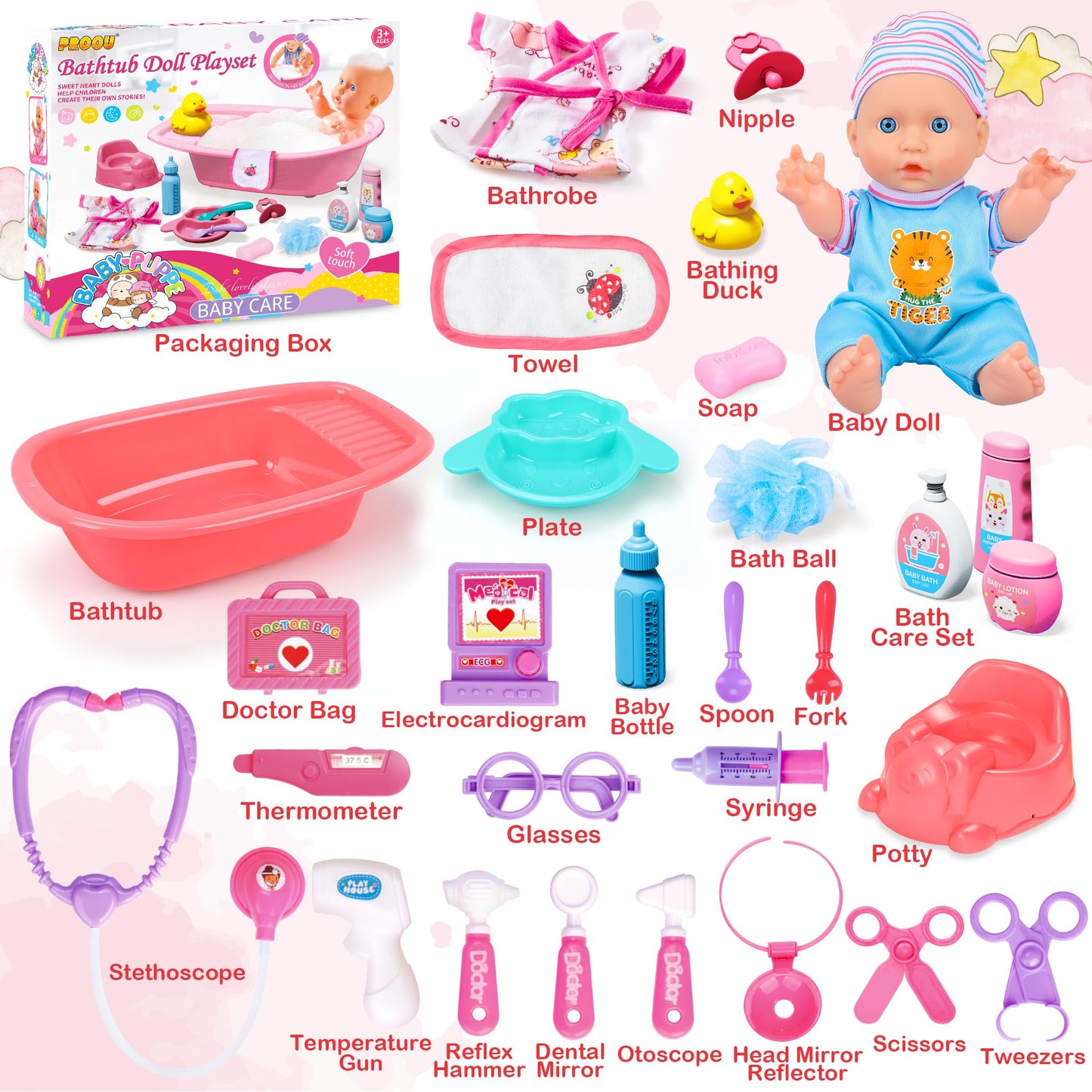 Proou Baby Doll Care Toys, 30Pcs Baby Doll Bath Set & Doctor Kit, Pretend Play Baby Doll Set, Incl Bathtub, Bathrobe, Ecg, Thermometer, Toddlers Toys Gifts For Age 3 4 5 6 Year Old Girls