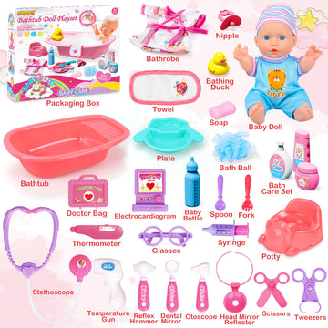 Proou Baby Doll Care Toys, 30Pcs Baby Doll Bath Set & Doctor Kit, Pretend Play Baby Doll Set, Incl Bathtub, Bathrobe, Ecg, Thermometer, Toddlers Toys Gifts For Age 3 4 5 6 Year Old Girls