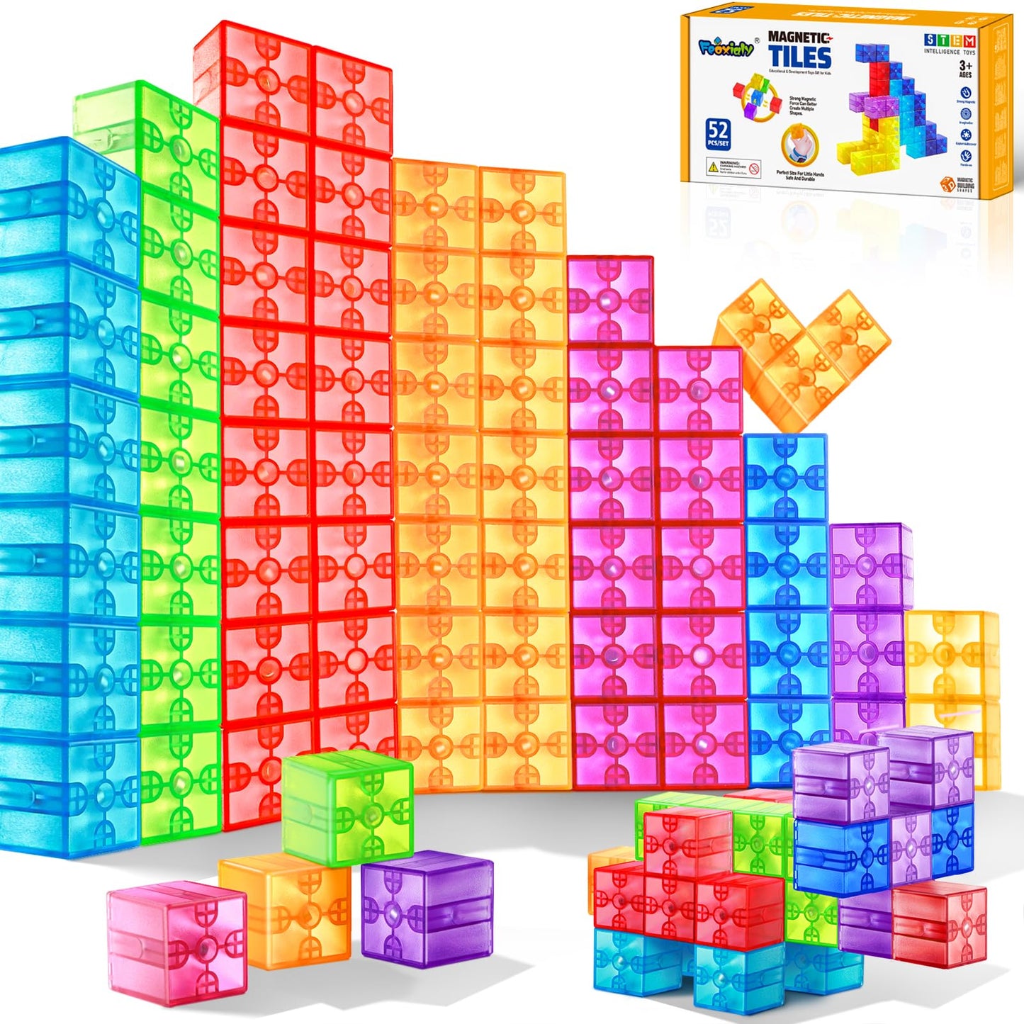 Feoxialy Magnetic Blocks - 52Pcs Translucent Magnetic Cubes, Digit Building Blocks Magnet Toys For Kids, Rainbow Stem Creativity Toys 3+ Year Old Boys & Girls Toddlers Kids Christmas Birthday Gifts