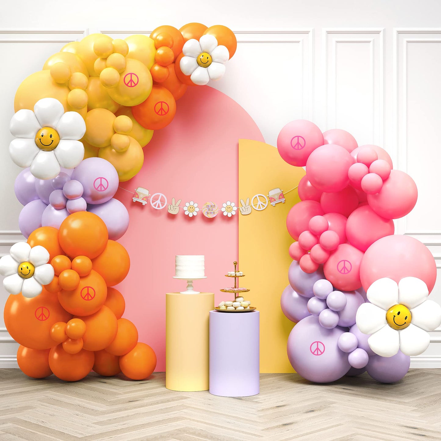 House Of Party Hippie Groovy Balloon Arch 140 Pcs - Coral, Orange, Yellow, Purple & Daisy Flower Balloons Garland With Paper Ban