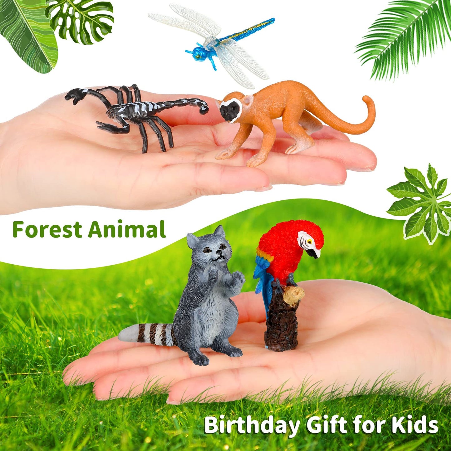 Jexine 25 Pack Rainforest Animals Figures Toys Set Assorted Creatures Rainforest Diorama Supplies Animals Model Trees for Birthd
