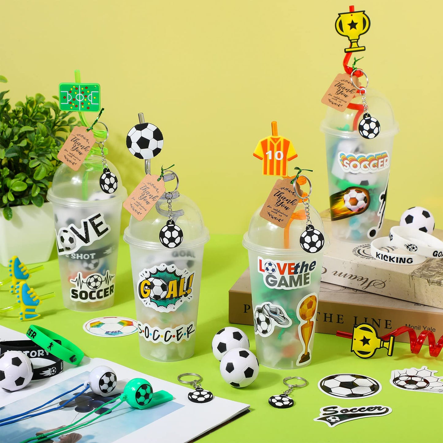 Weysat 268 Pcs Soccer Party Favors Sets for 24 People Birthday Gifts Goody Cups with Straws Key Chains Whistles Silicone Wristba