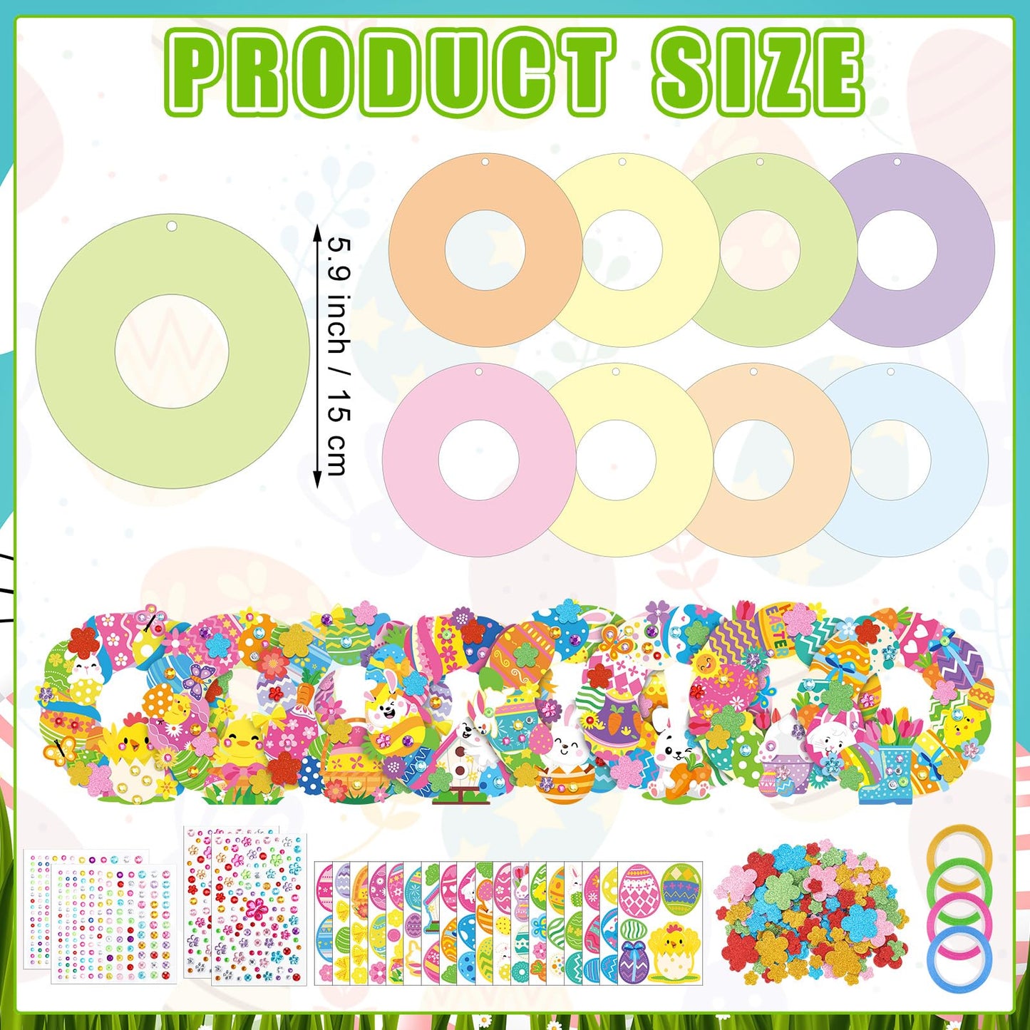 Hollowfly 48 Sets Easter Wreath Craft Kits DIY Wreath Hanging Ornaments Make Your Own Paper Craft with Stickers for Home Party F