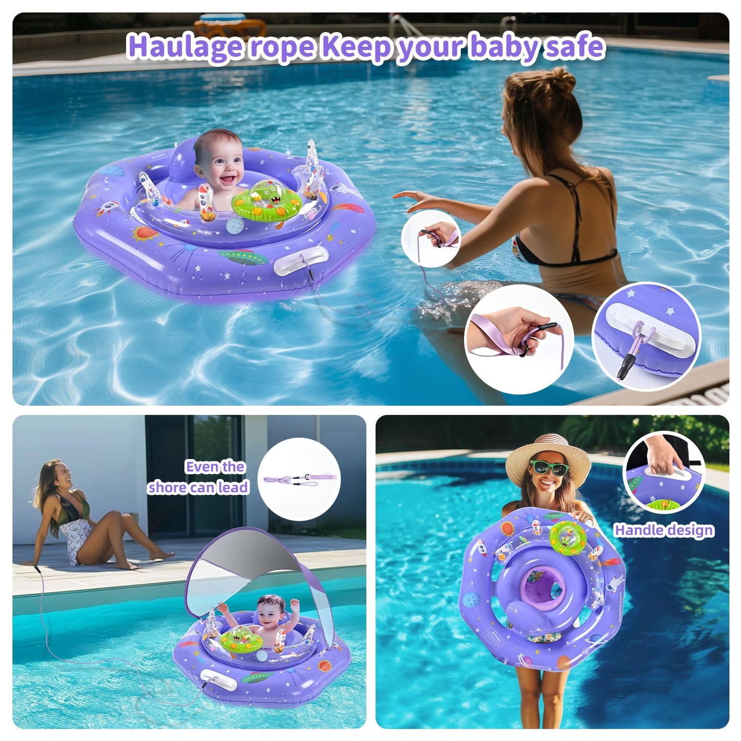Baby Pool Float With Canopy,Interactive Toy Play Console & Adjustable Safety Seat | Infant Pool Float With Handle | Baby Float W