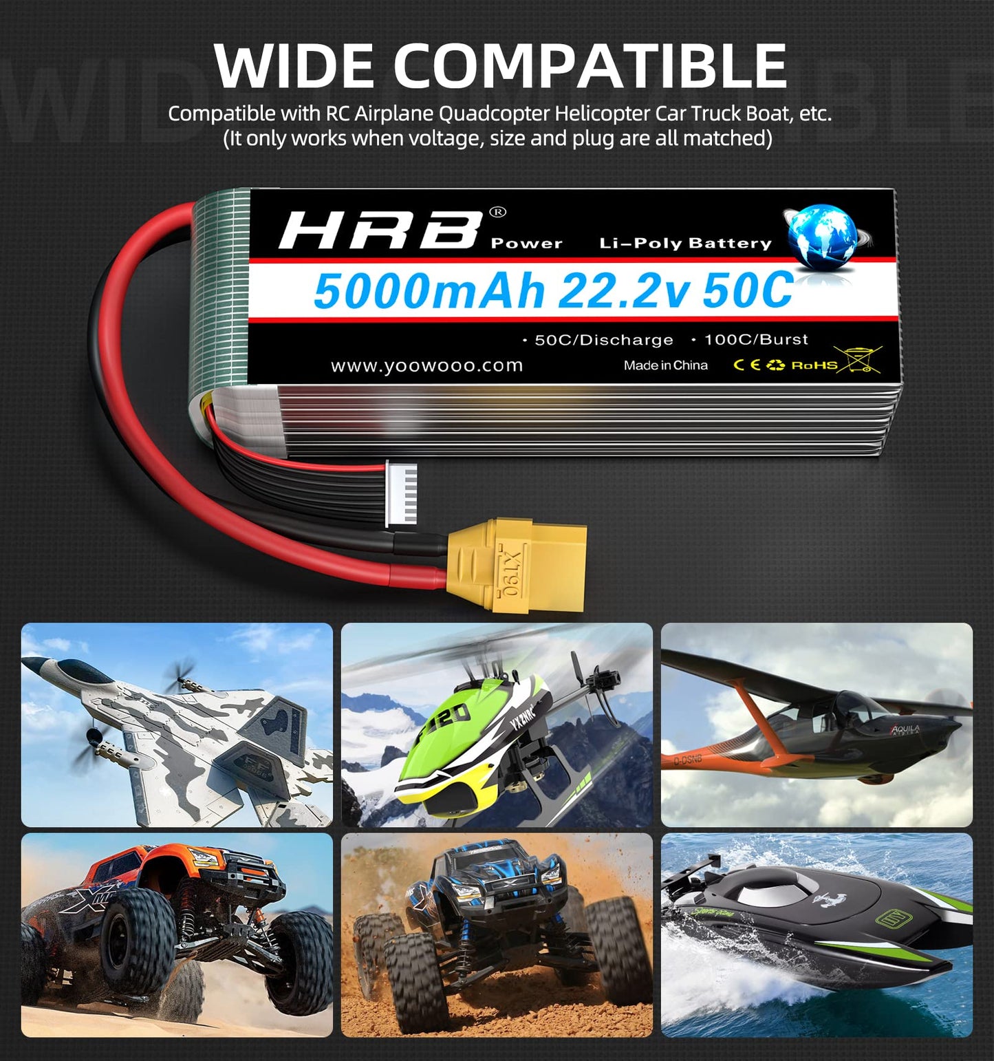 Hrb 6S 5000Mah Lipo Battery Xt90 50C-100C 22.2V Rc Lipo Battery Compatible With Rc Quadcopter Helicopter Airplane Car Boat Truck