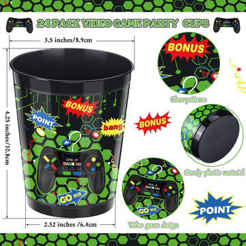 24 Pieces 16 Oz Video Game Theme Cups Gaming Party Favors Set Go Win Level Up Plastic Cups Gamer Frosted Cup For Popular Video Party Supplies Kids Gamer Birthday Decorations(Green)