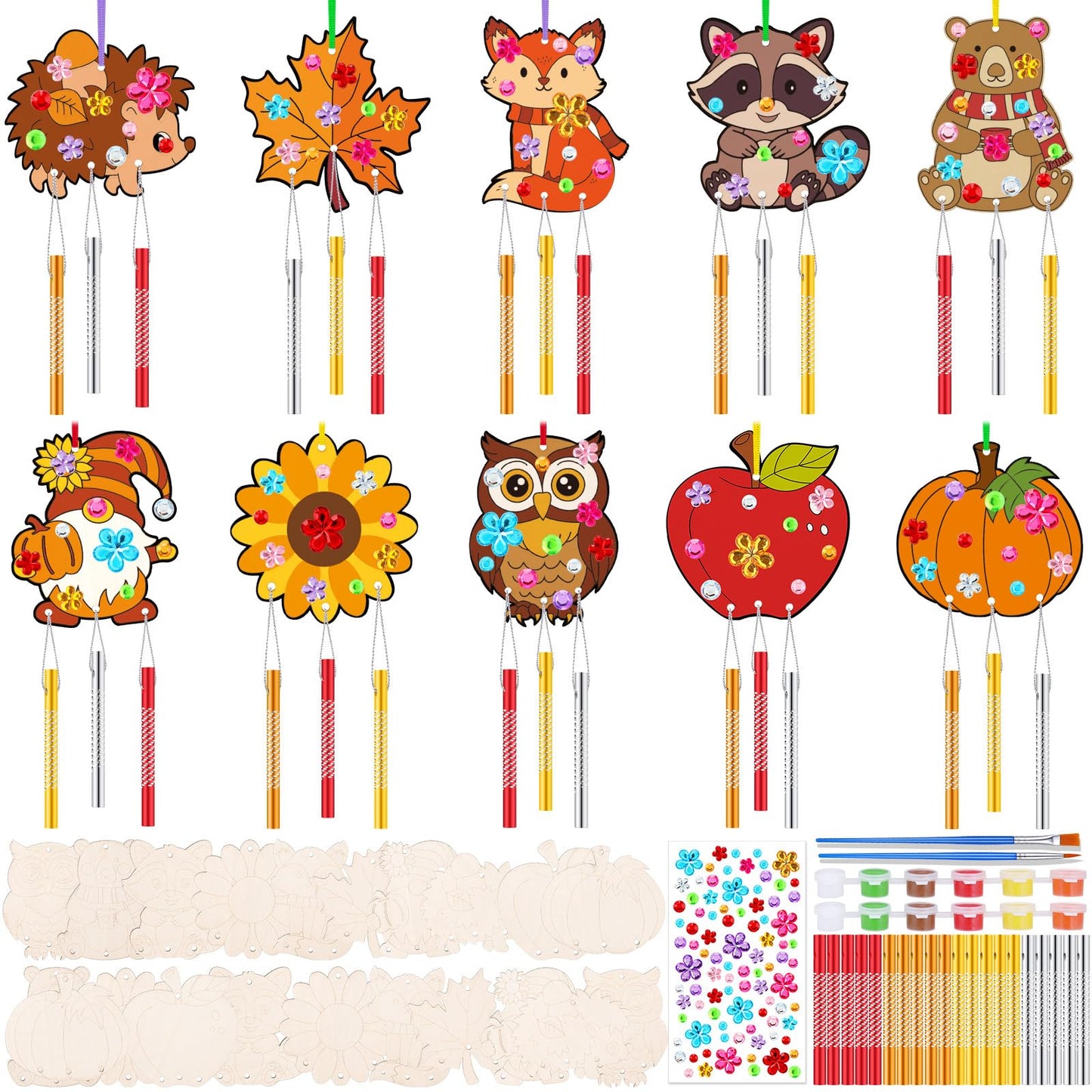 JellyArch 30 Pack Thanksgiving Wind Chime Making Kit for Adults Fall Pumpkin Leaf Animal DIY Wooden Crafts for Halloween Activit