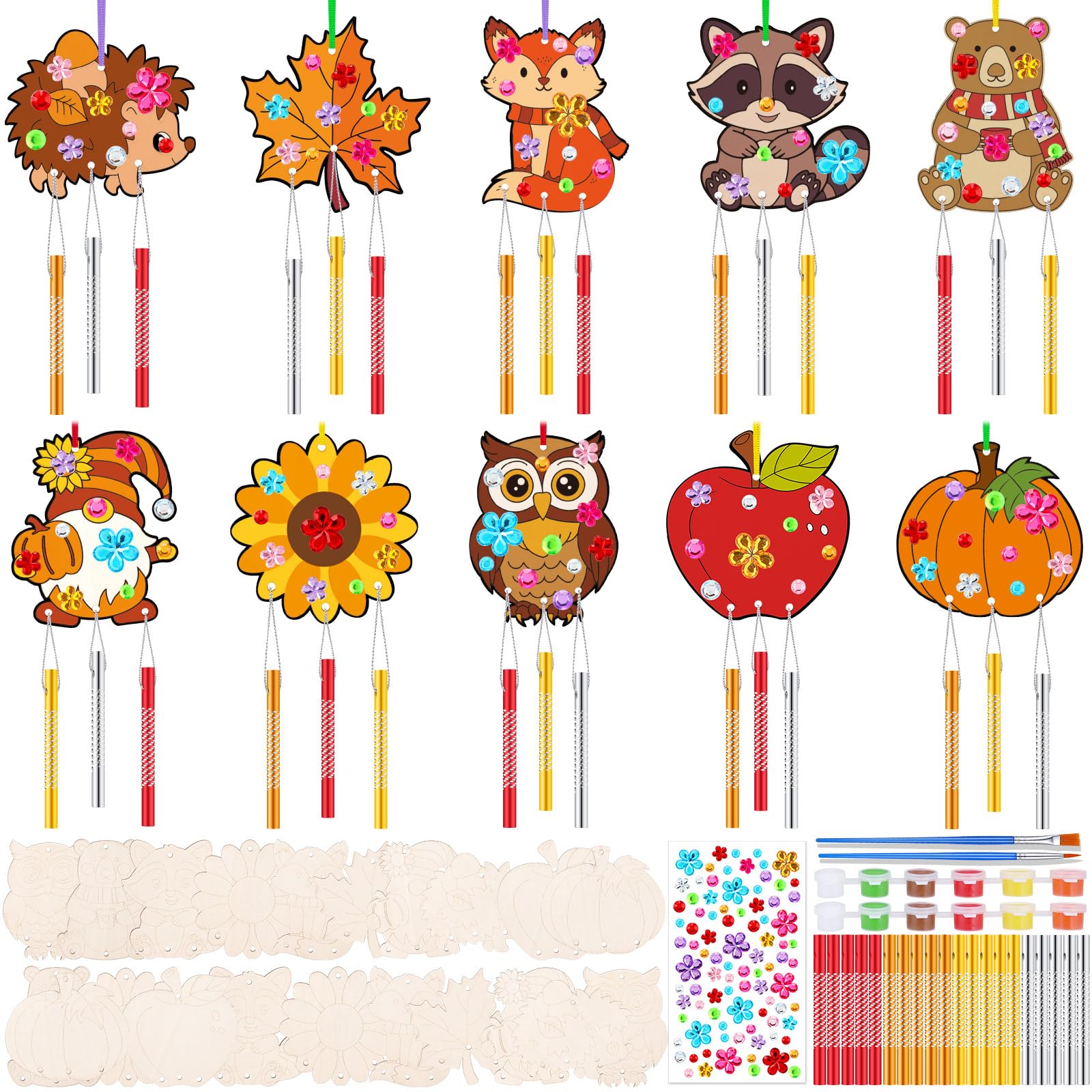JellyArch 30 Pack Thanksgiving Wind Chime Making Kit for Adults Fall Pumpkin Leaf Animal DIY Wooden Crafts for Halloween Activit